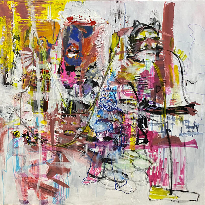 mixed media on canvas, 100 x 100 cm