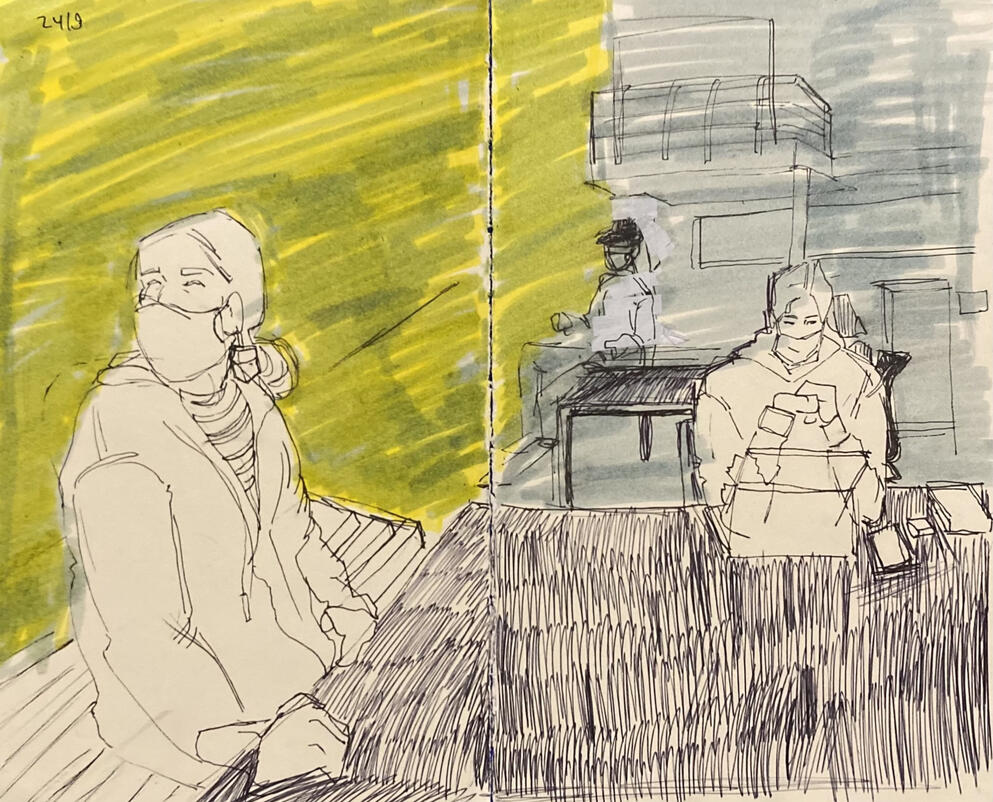 pen and marker on paper, sketchbook