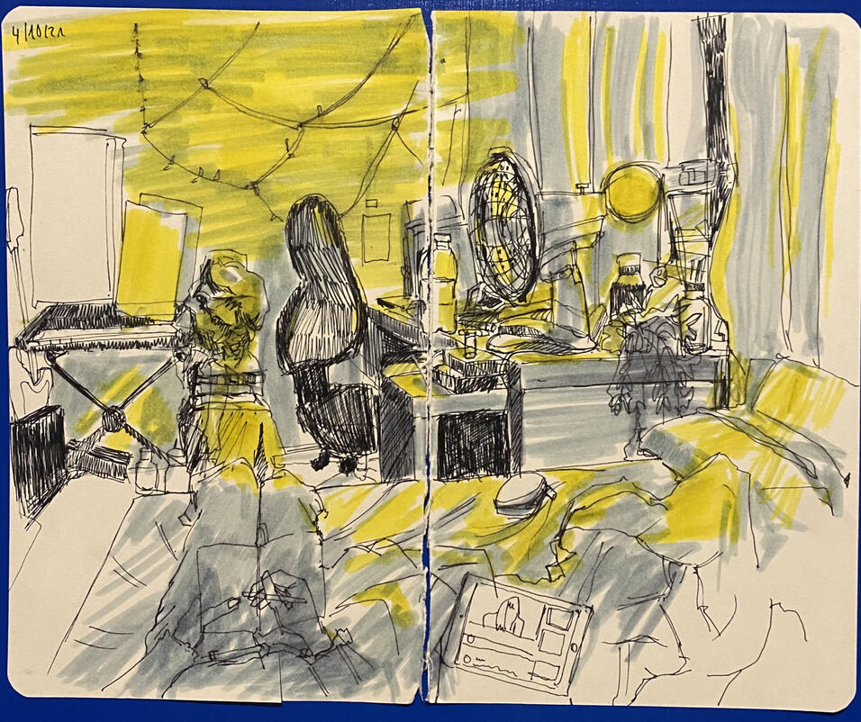 pen and marker on paper, sketchbook