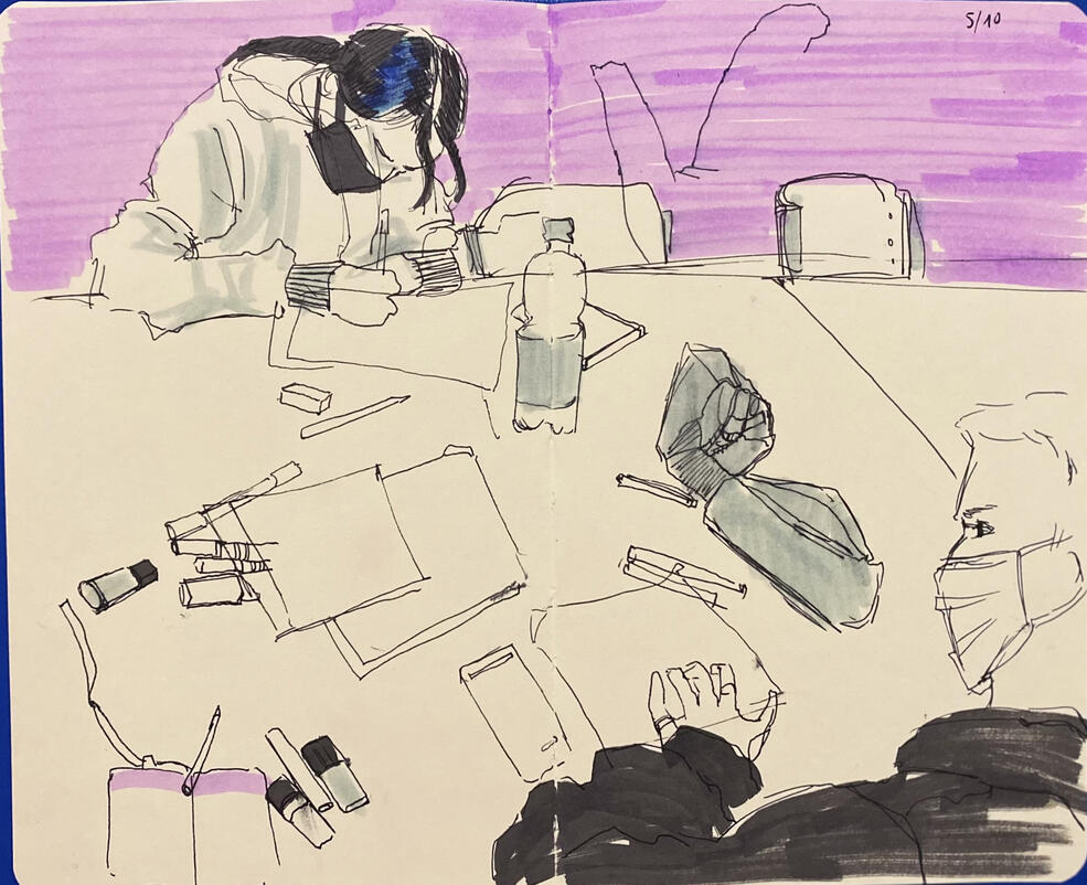 pen and marker on paper, sketchbook