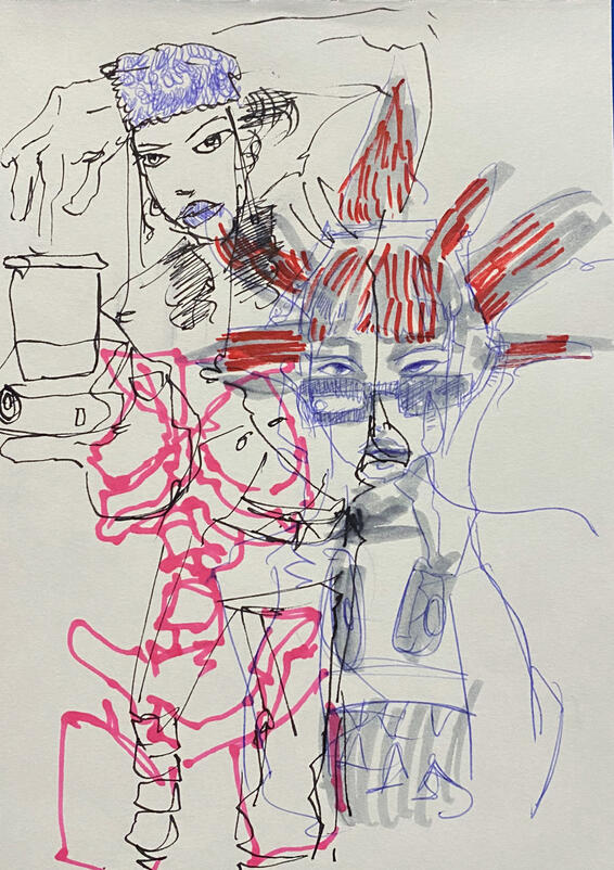 pen and marker on paper, sketchbook